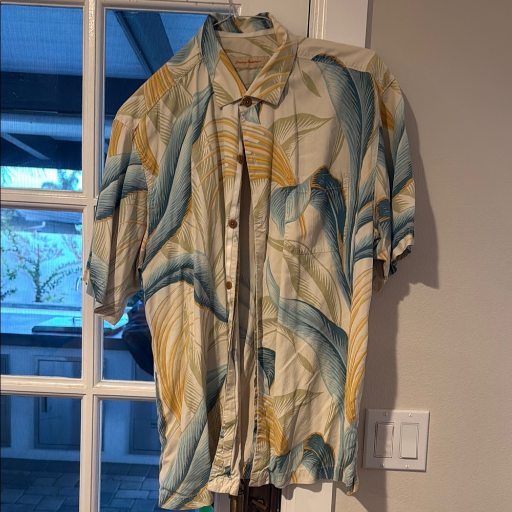 Tommy Bahama Blue and Yellow Leaf Print Shirt
